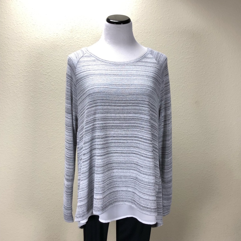 Cide Bleu Gray & White Striped Split Back Sweater